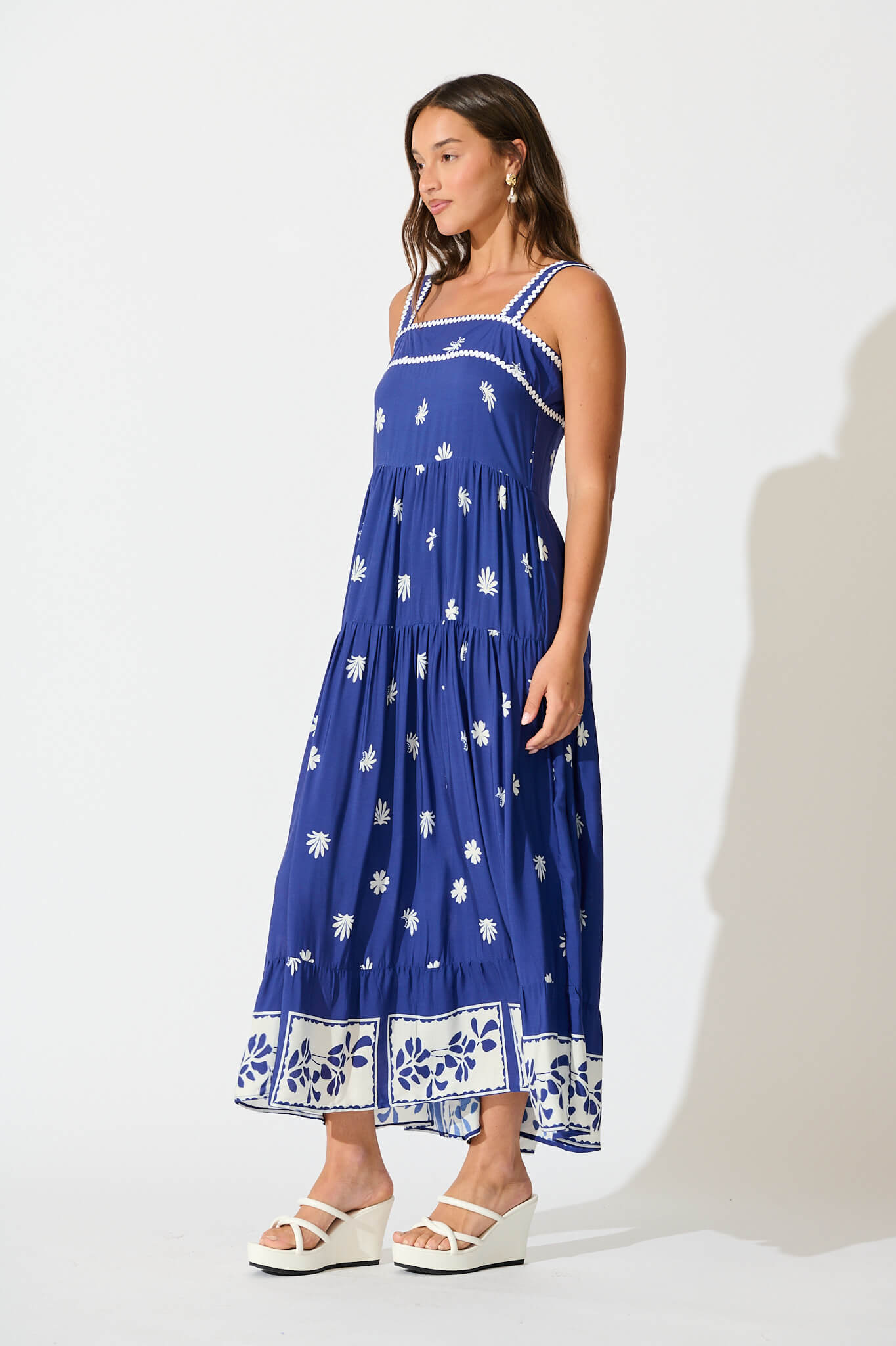 Adler Maxi Sundress in Blue with White Border Print Ric Rac