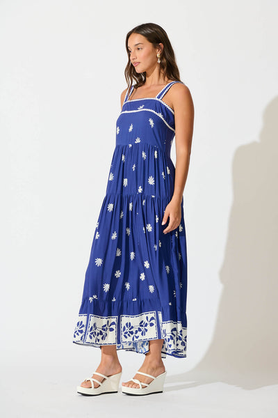Adler Maxi Sundress in Blue with White Border Print Ric Rac