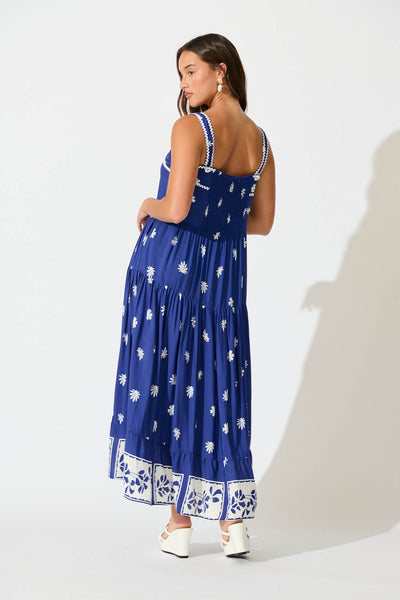 Adler Maxi Sundress in Blue with White Border Print Ric Rac