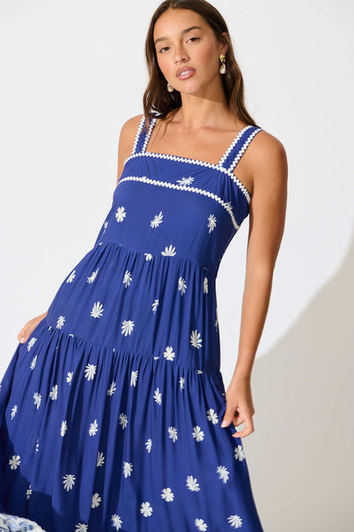Adler Maxi Sundress in Blue with White Border Print Ric Rac