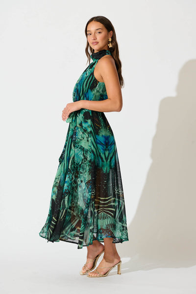 Kiss Me Halter Neck Maxi Dress in Green Multi Chiffon