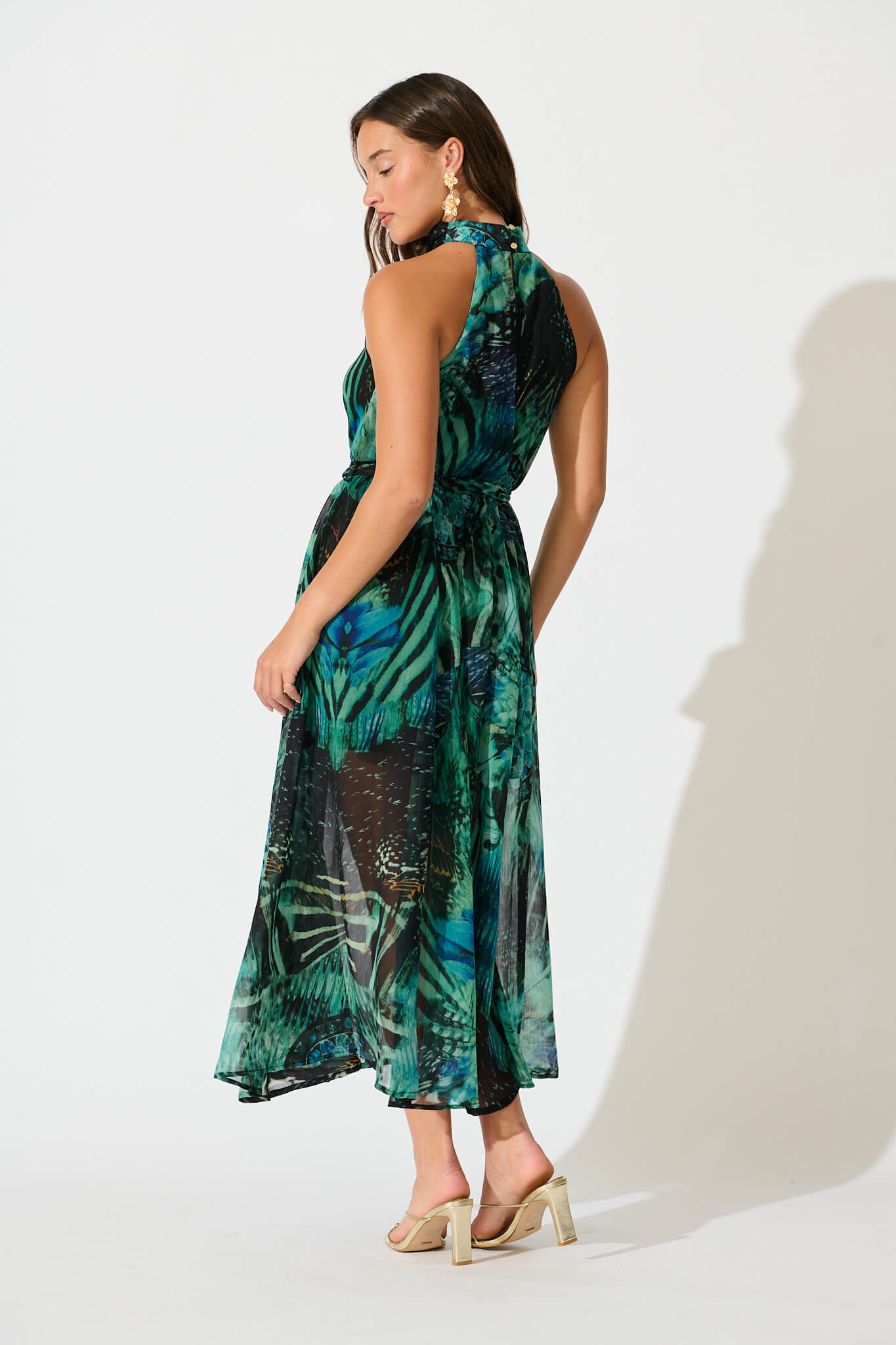 Kiss Me Halter Neck Maxi Dress in Green Multi Chiffon