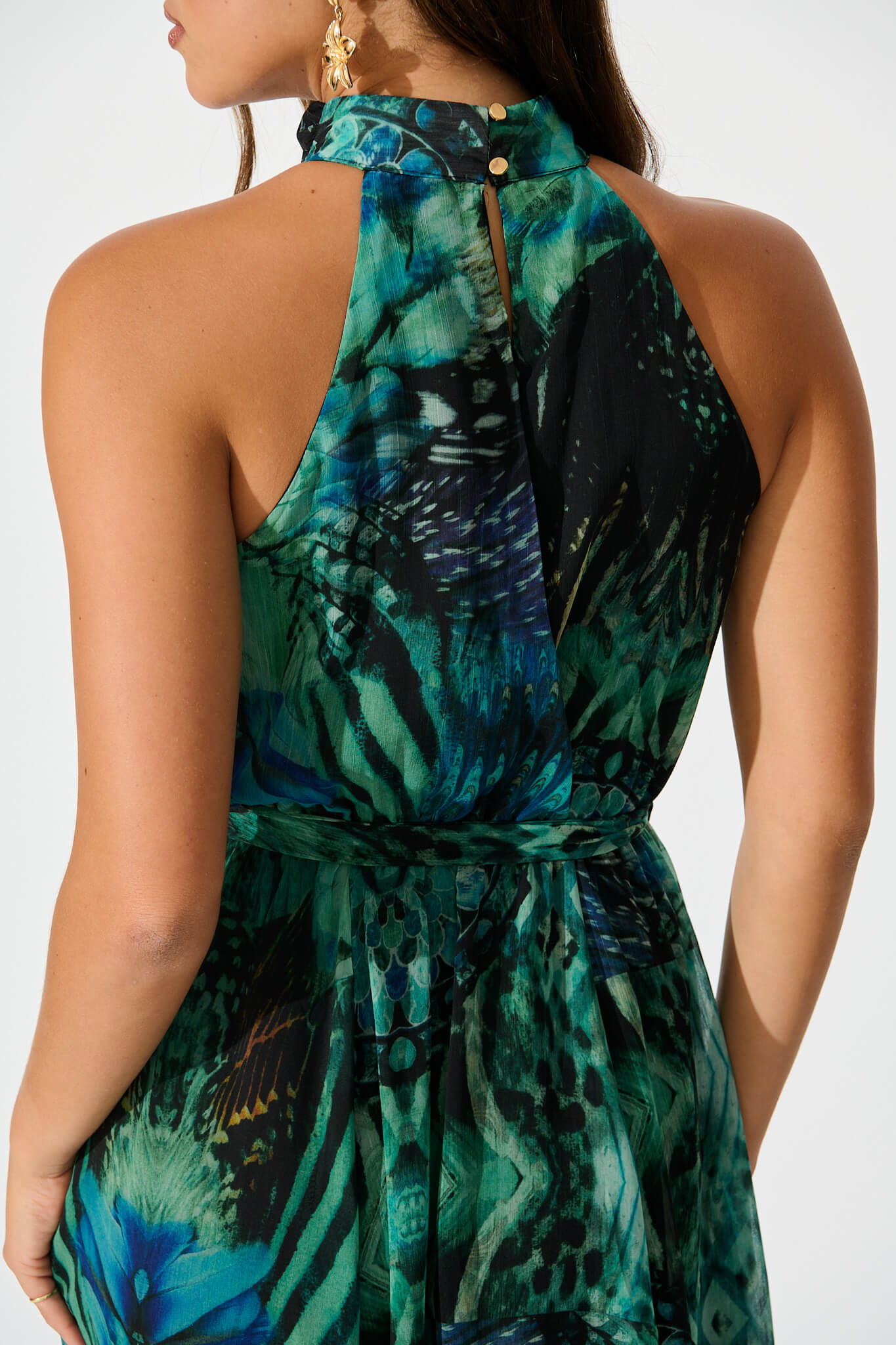 Kiss Me Halter Neck Maxi Dress in Green Multi Chiffon