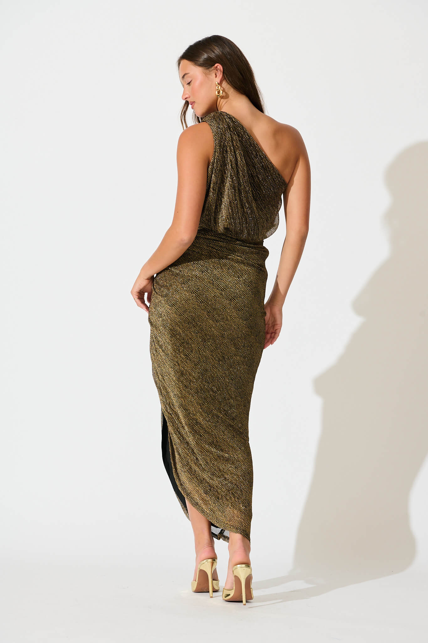 Moonlit One Shoulder Maxi Dress in Black with Gold Lurex