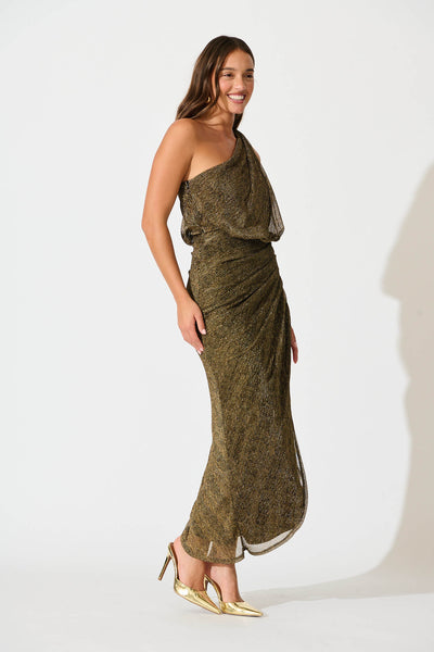 Moonlit One Shoulder Maxi Dress in Black with Gold Lurex
