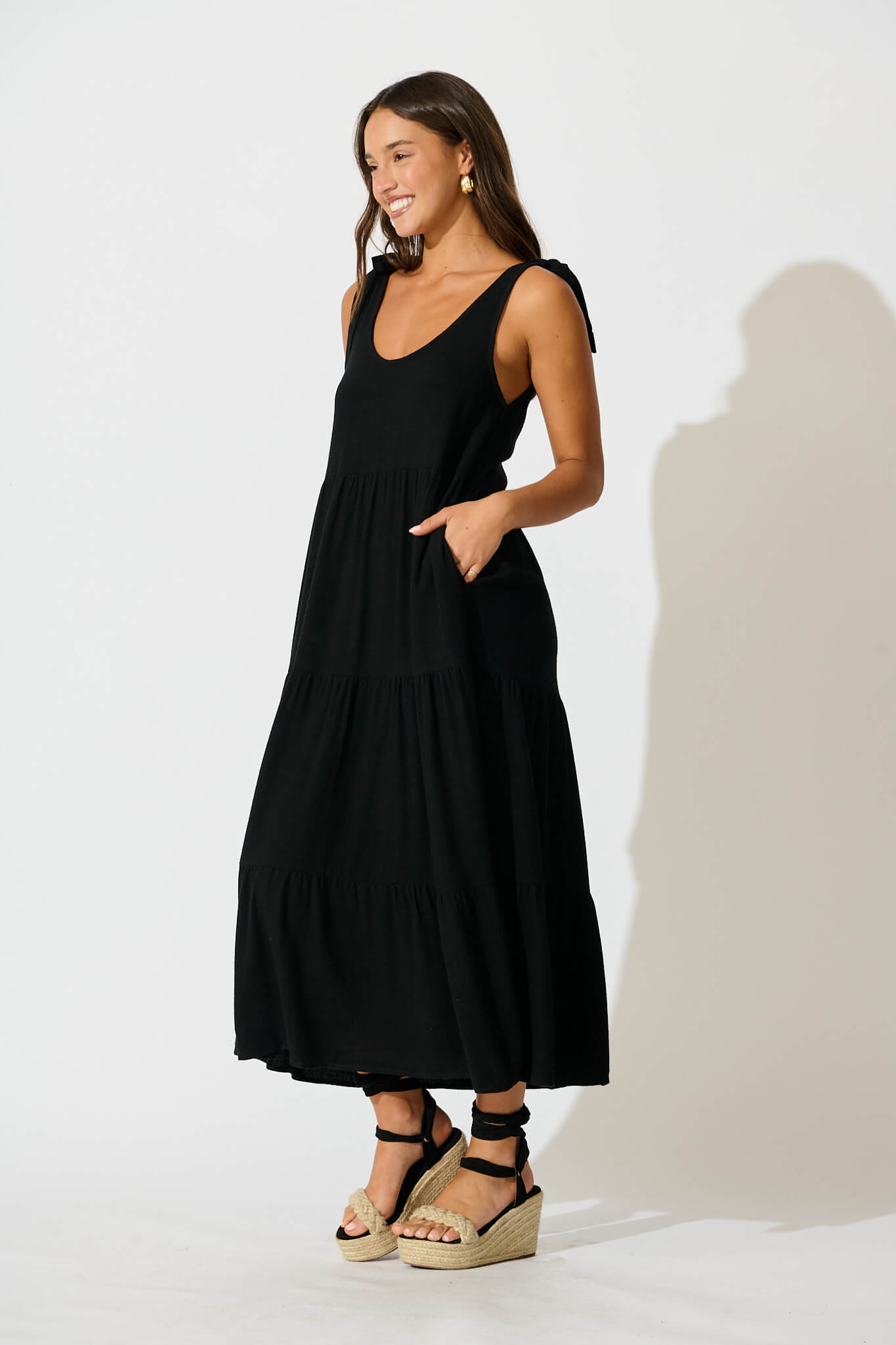 Estefani Maxi Sundress in Black Linen Blend