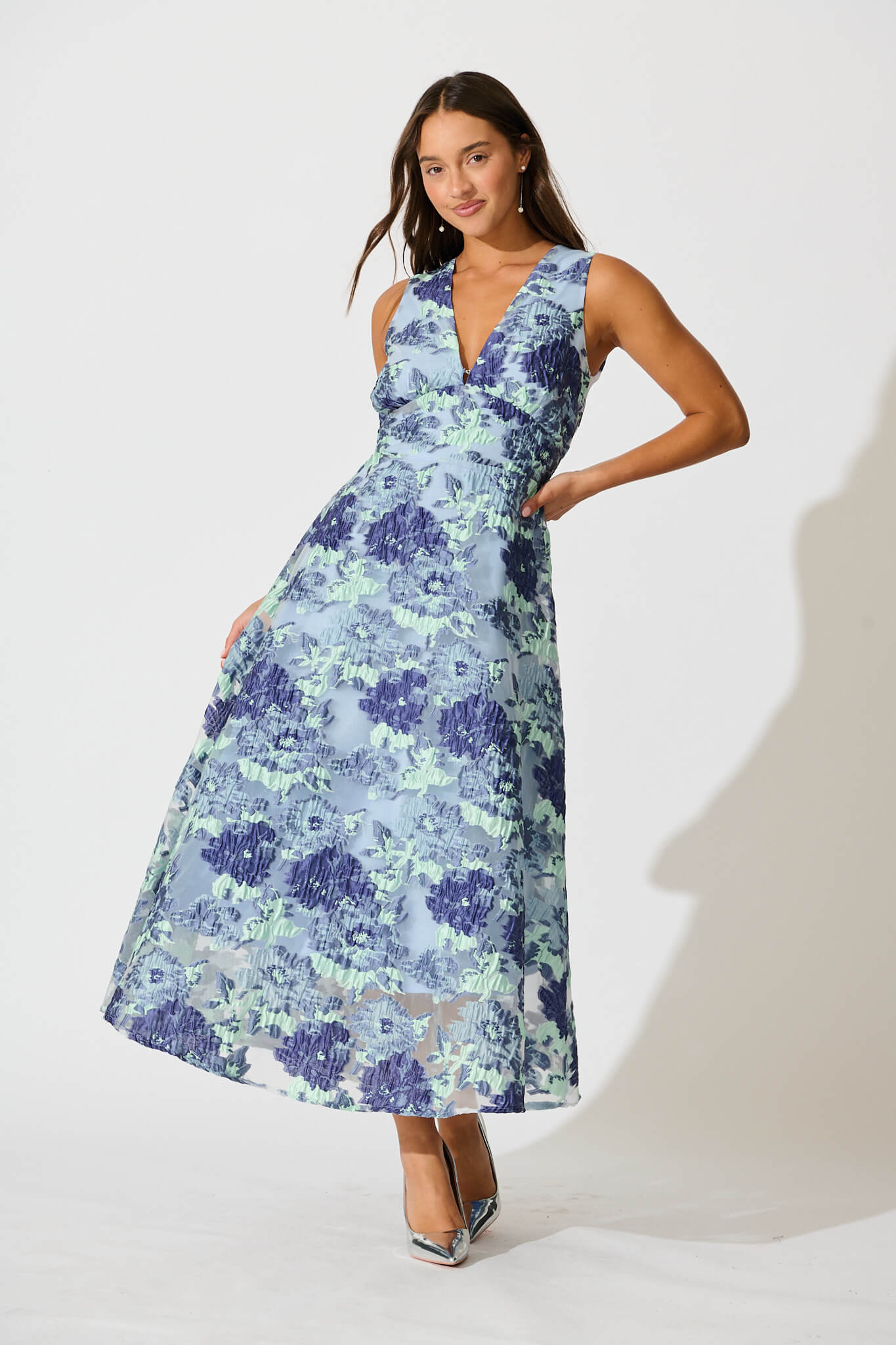 Opuluxe Maxi Dress in Blue Floral Organza Jaquard