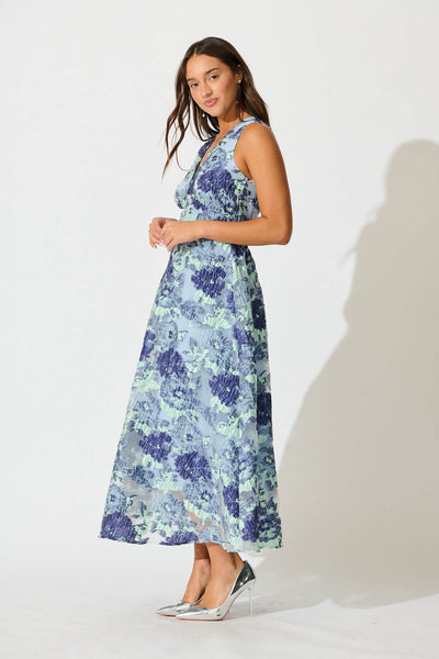 Opuluxe Maxi Dress in Blue Floral Organza Jaquard