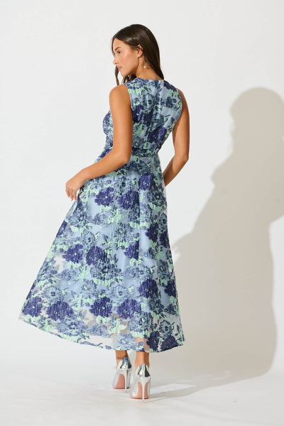 Opuluxe Maxi Dress in Blue Floral Organza Jaquard