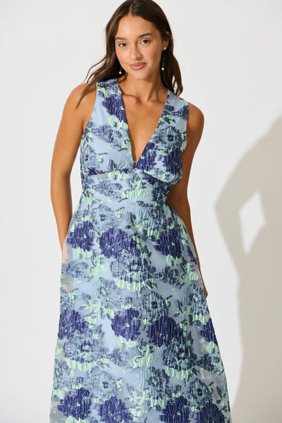 Opuluxe Maxi Dress in Blue Floral Organza Jaquard