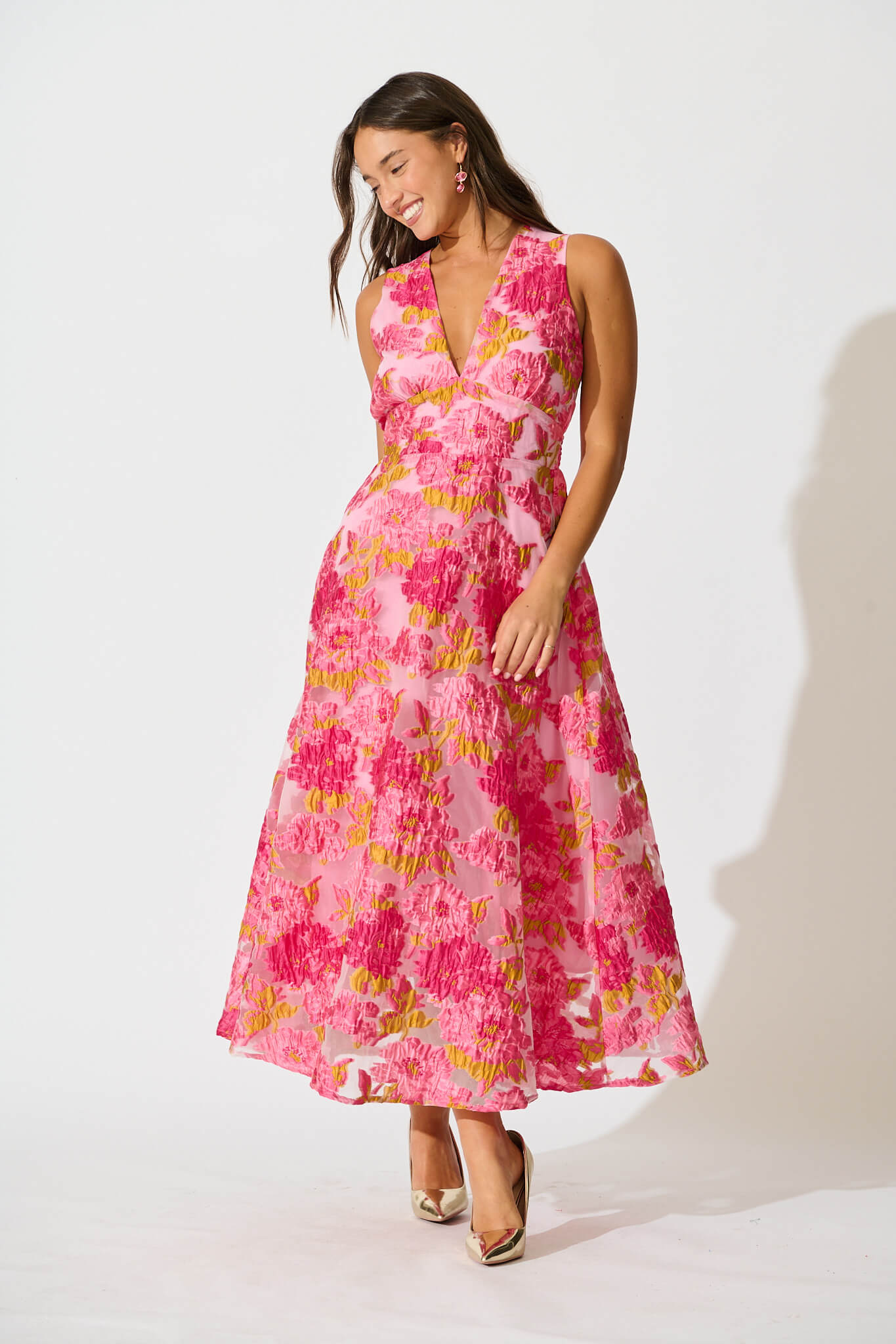 Opuluxe Maxi Dress In Pink Floral Organza Jacquard