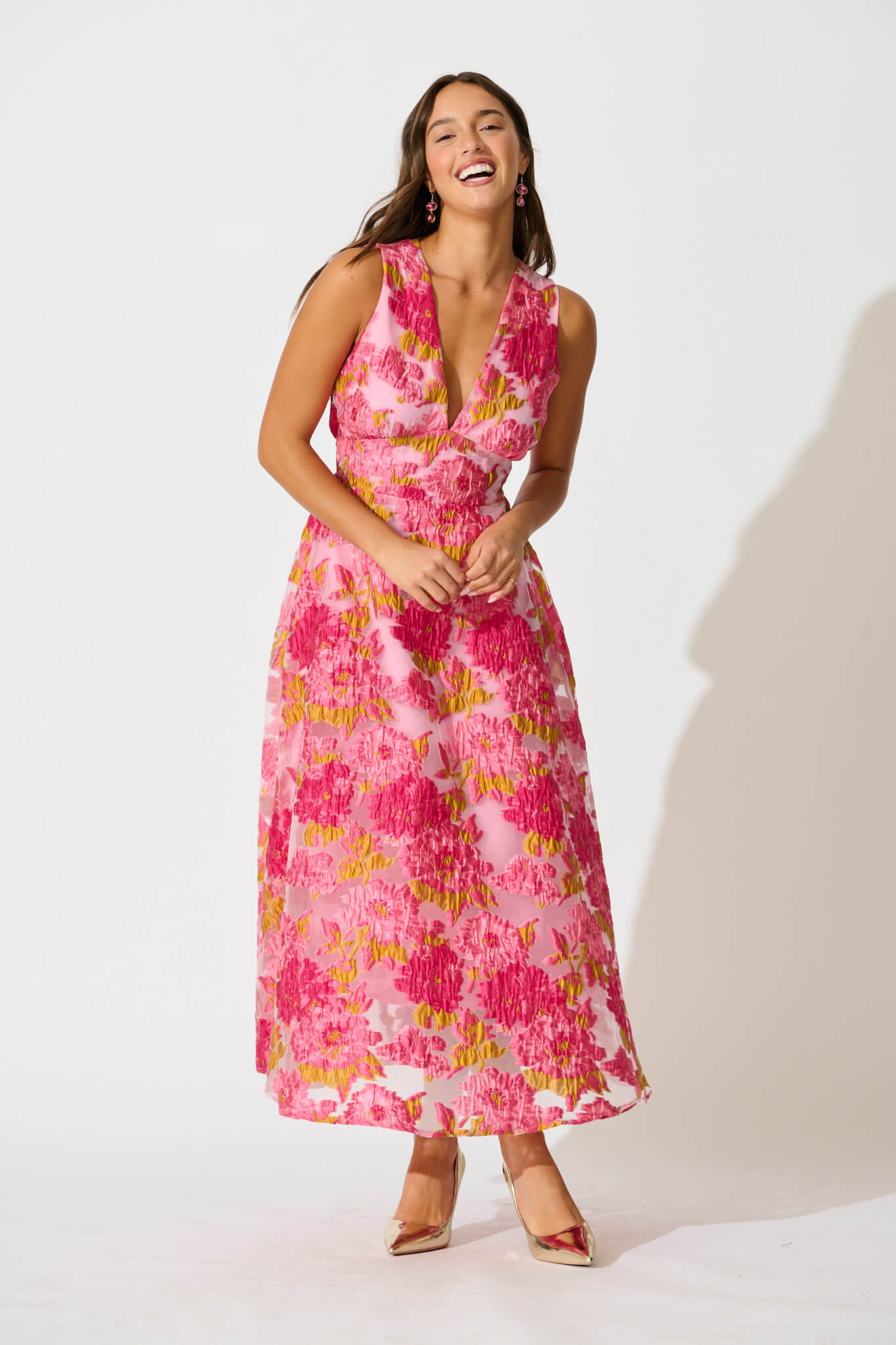 Opuluxe Maxi Dress In Pink Floral Organza Jacquard
