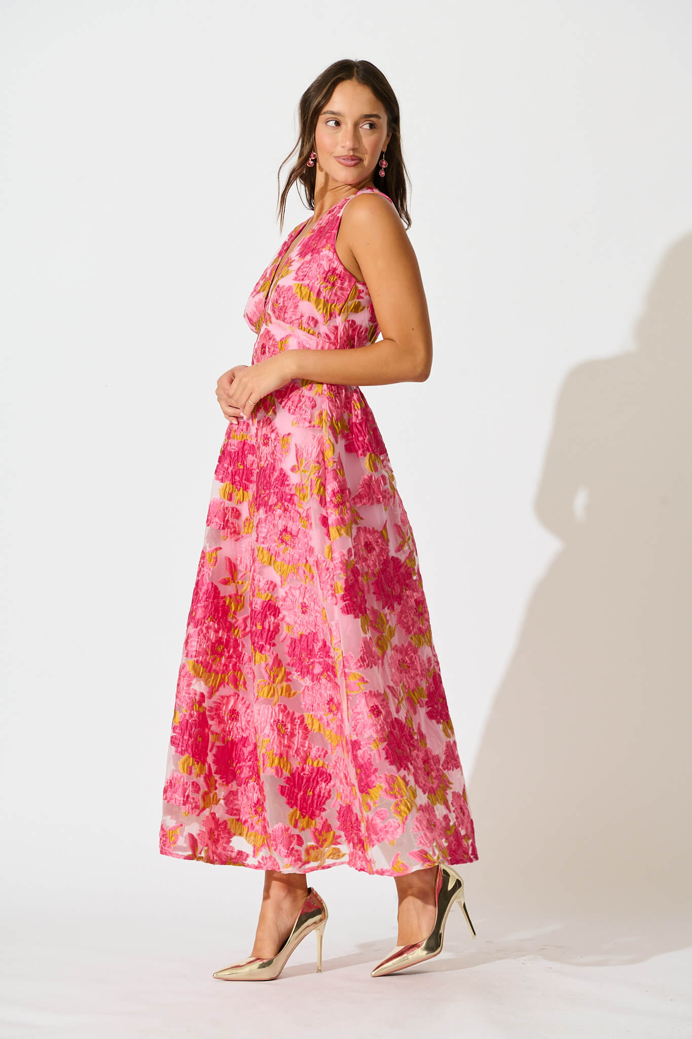 Opuluxe Maxi Dress In Pink Floral Organza Jacquard