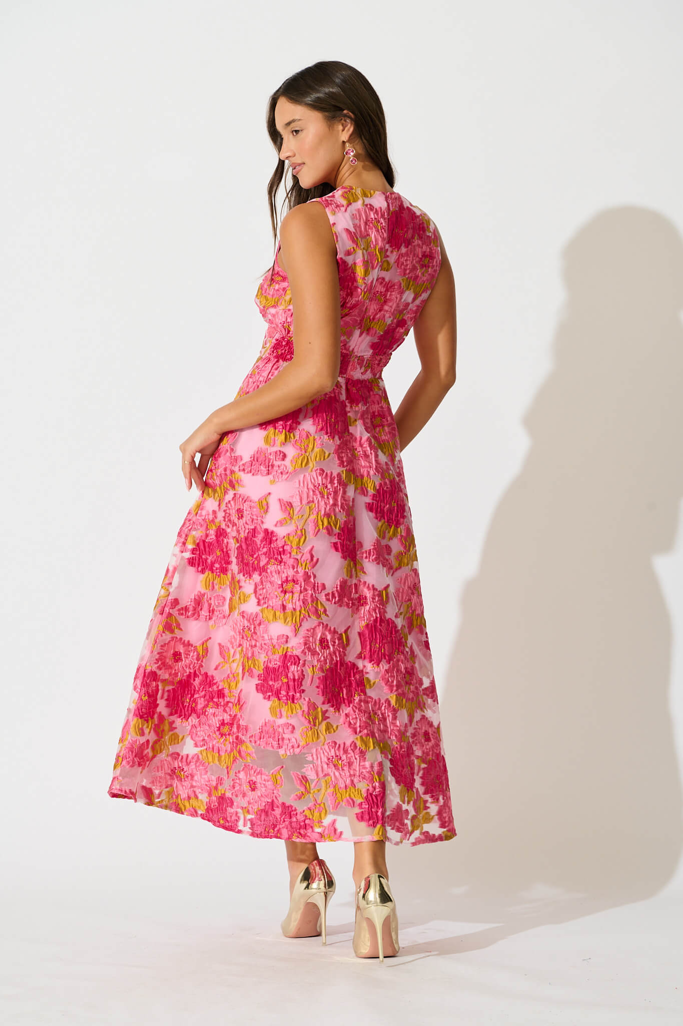Opuluxe Maxi Dress In Pink Floral Organza Jacquard