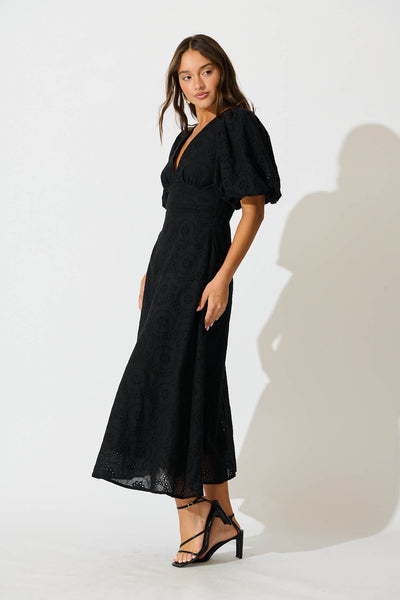 Duchess Maxi Dress In Black Broderie Cotton