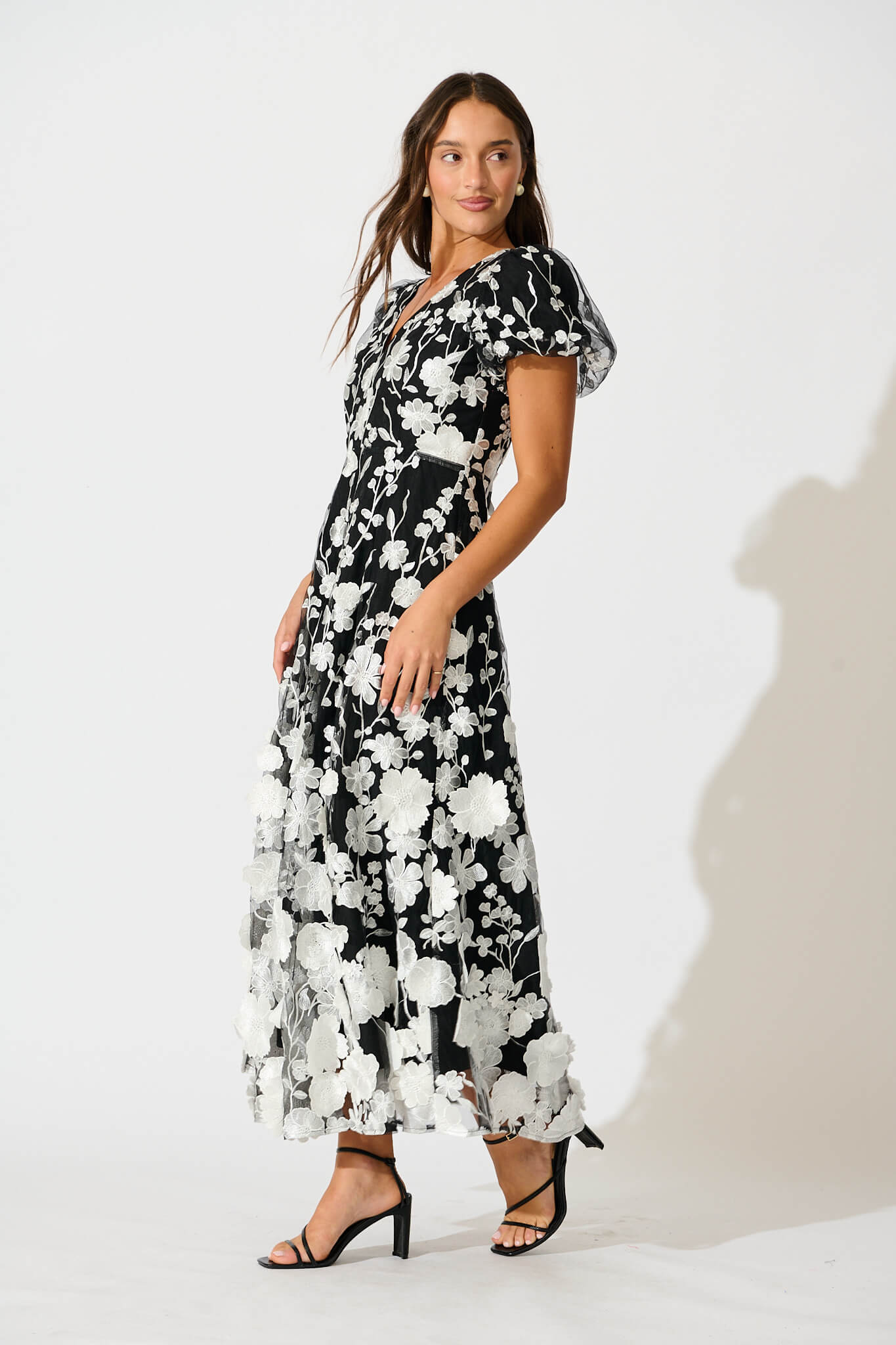Nashira Maxi Dress in Black and White Embroidered Tulle
