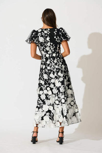 Nashira Maxi Dress in Black and White Embroidered Tulle