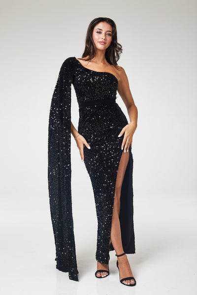 Black One Shoulder Drape Sleeve Sequin Maxi Dress