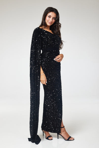 Black One Shoulder Drape Sleeve Sequin Maxi Dress