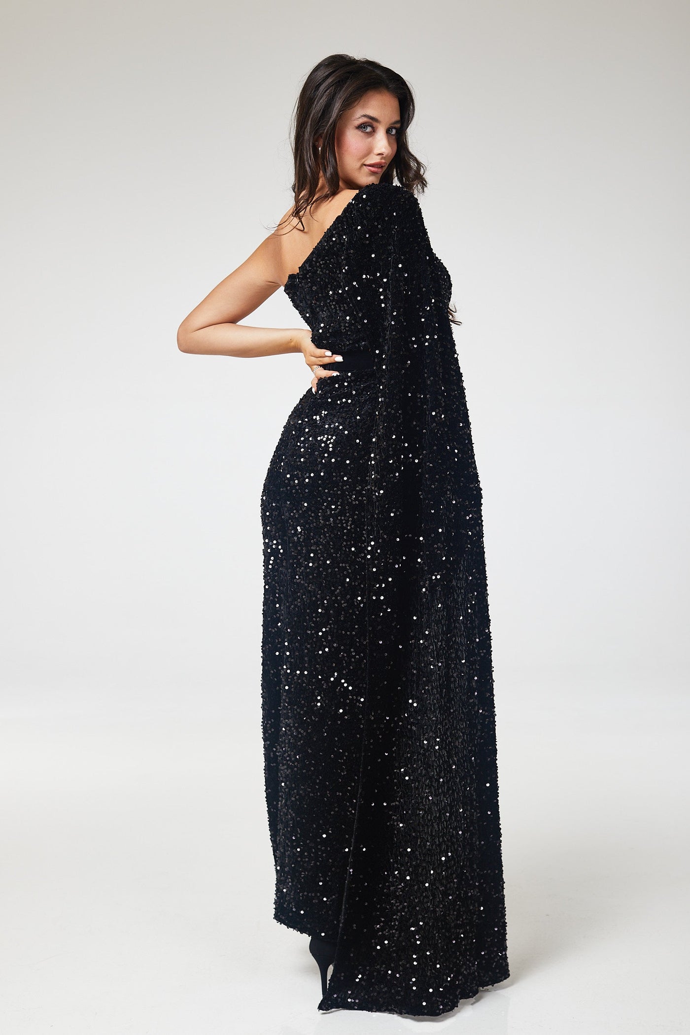 Black One Shoulder Drape Sleeve Sequin Maxi Dress