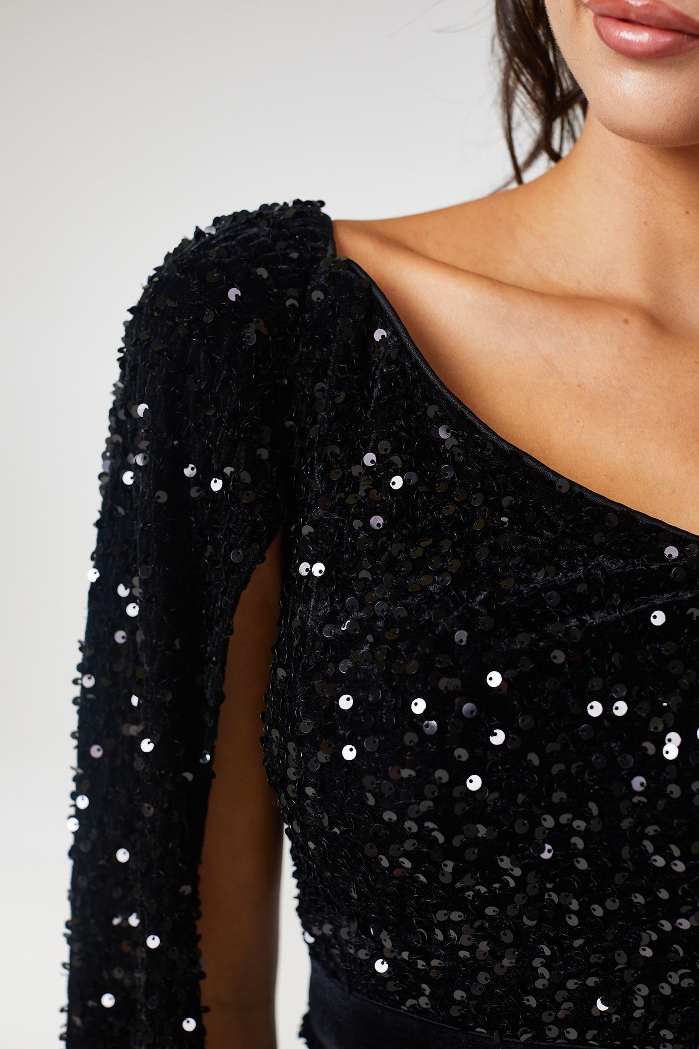 Black One Shoulder Drape Sleeve Sequin Maxi Dress