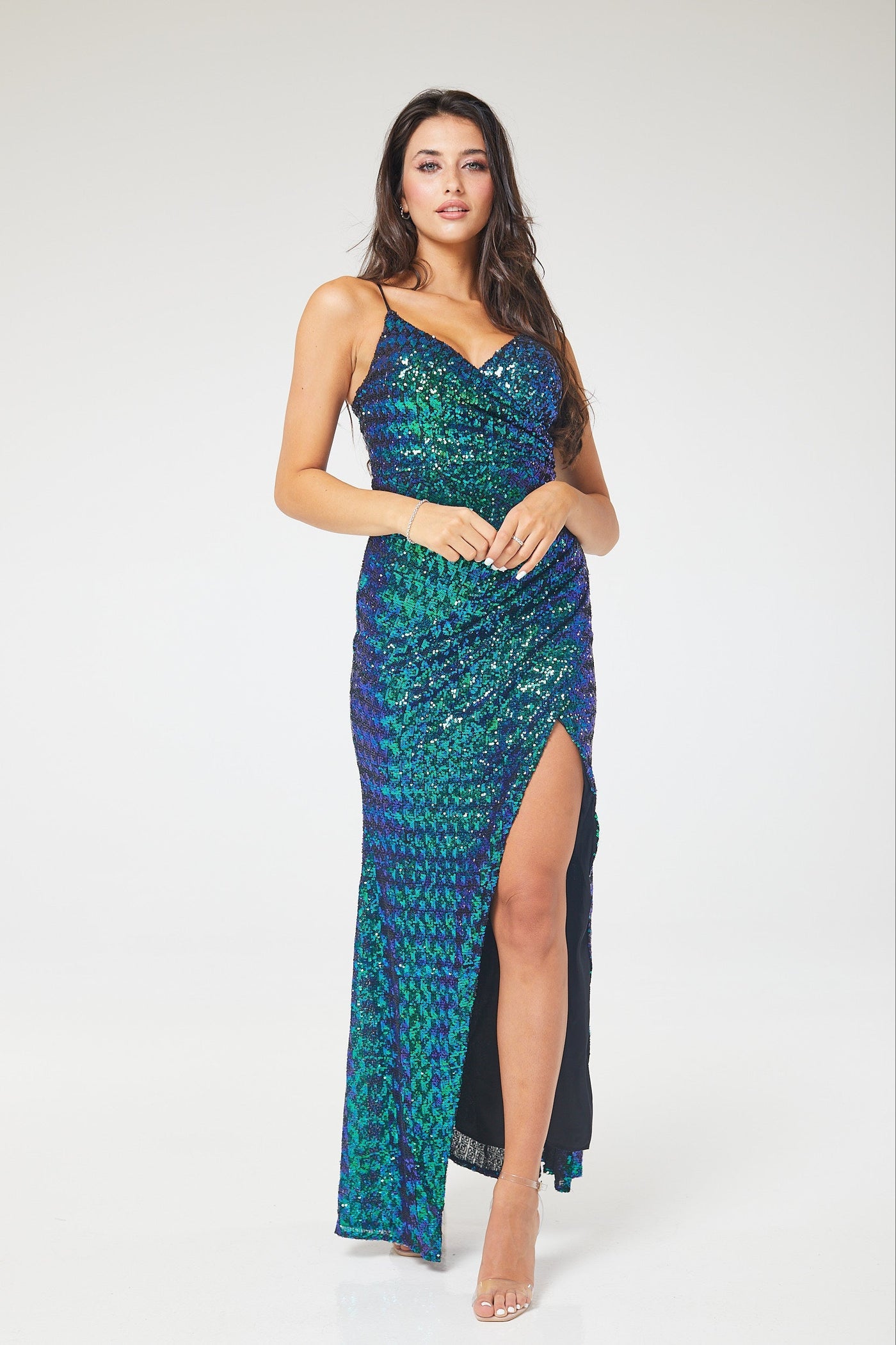 Green V-Neck Ruched Side Split Sequin Maxi Dress