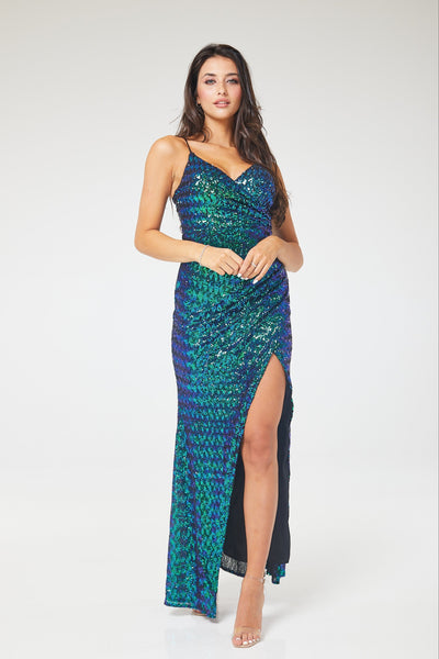 Green V-Neck Ruched Side Split Sequin Maxi Dress