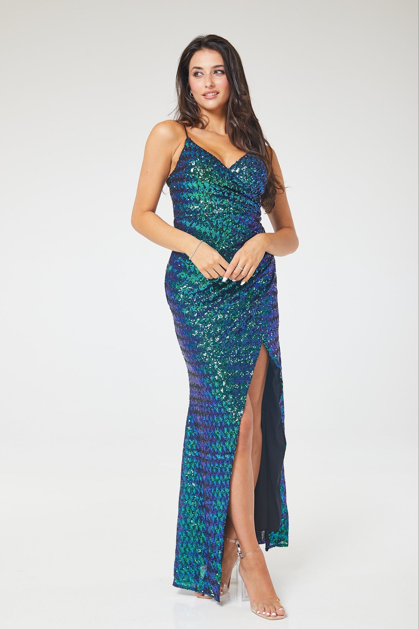 Green V-Neck Ruched Side Split Sequin Maxi Dress