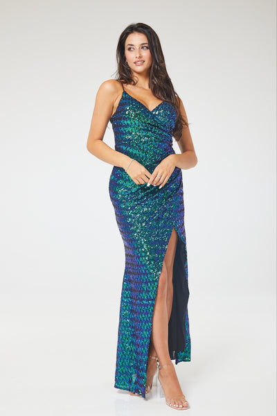 Green V-Neck Ruched Side Split Sequin Maxi Dress
