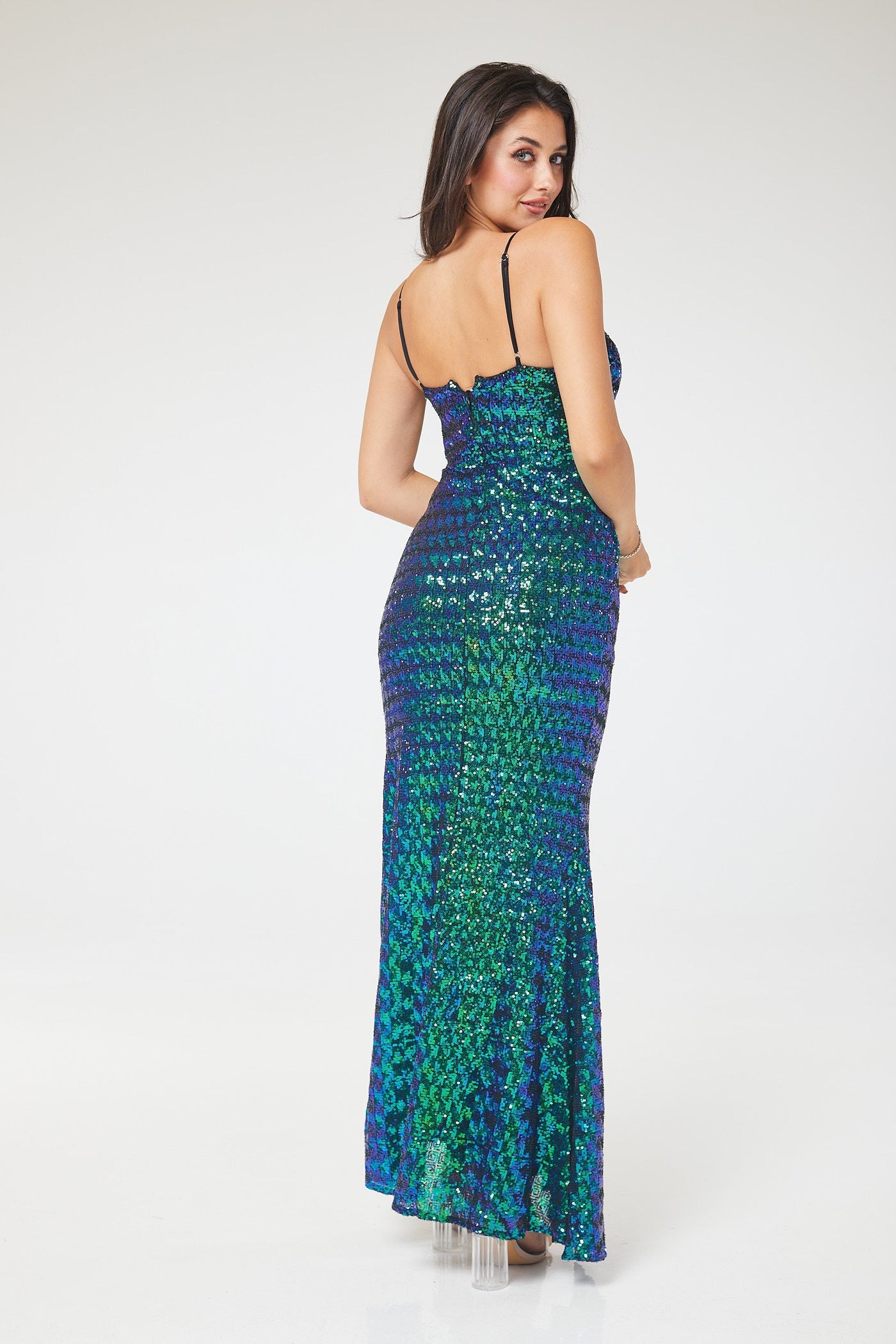Green V-Neck Ruched Side Split Sequin Maxi Dress