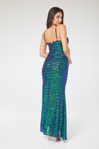 Green V-Neck Ruched Side Split Sequin Maxi Dress