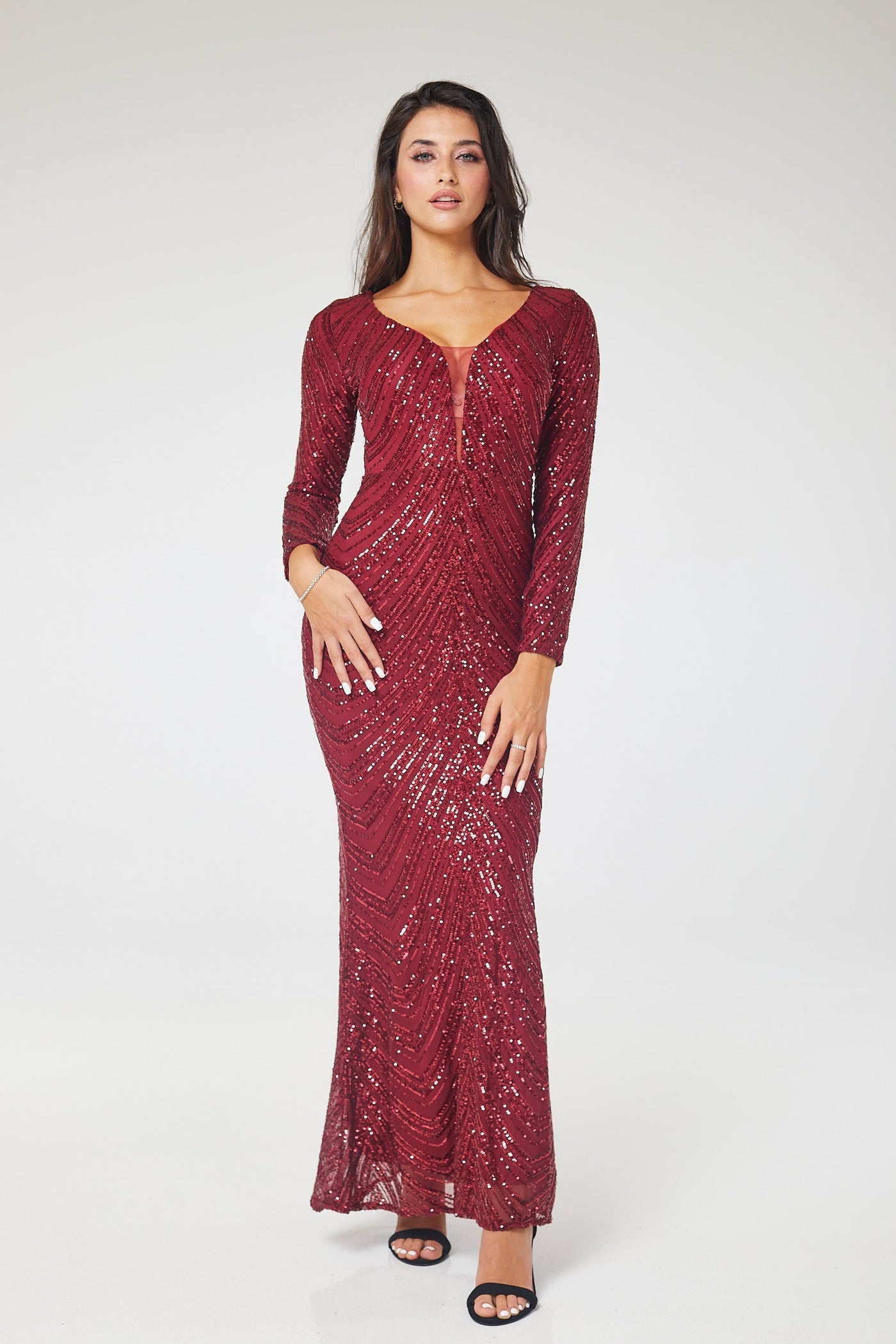 Wine Long Sleeve Sequin Maxi Dress