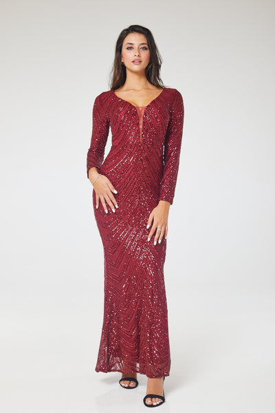 Wine Long Sleeve Sequin Maxi Dress