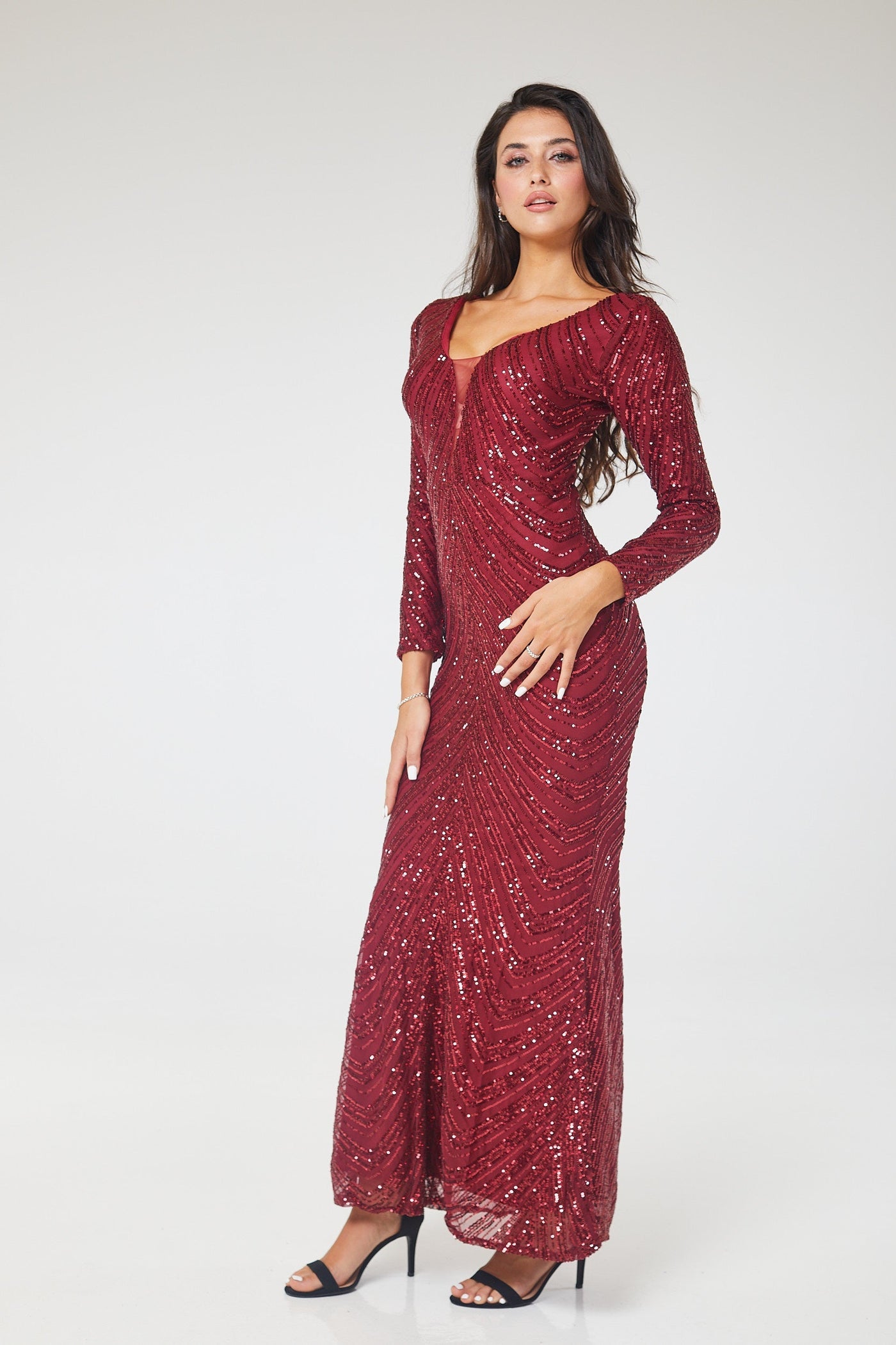 Wine Long Sleeve Sequin Maxi Dress