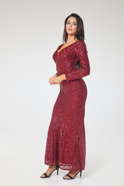 Wine Long Sleeve Sequin Maxi Dress