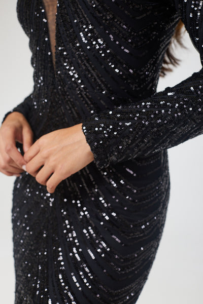 Black Long Sleeve Sequin Maxi Dress