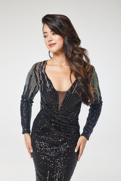 Black Gold Long Sleeve Sequin Maxi Dress