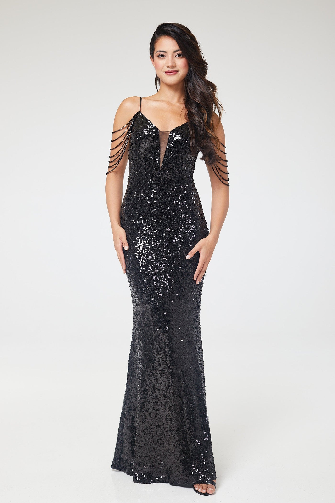 Black V-Neck Jewelled Shoulder Sequin Maxi Dress
