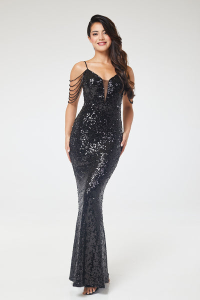 Black V-Neck Jewelled Shoulder Sequin Maxi Dress