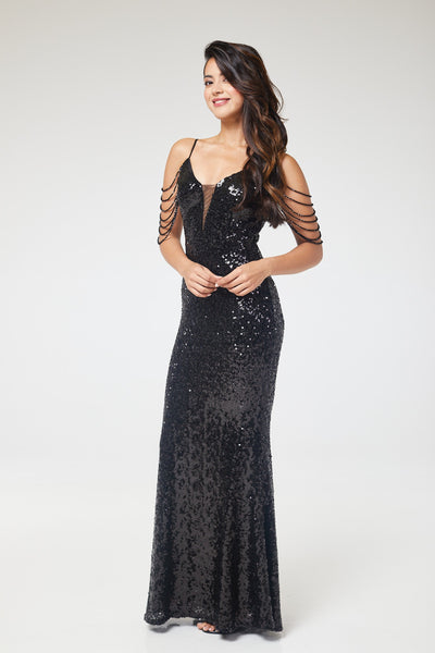Black V-Neck Jewelled Shoulder Sequin Maxi Dress