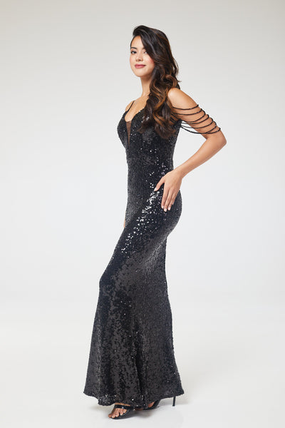 Black V-Neck Jewelled Shoulder Sequin Maxi Dress