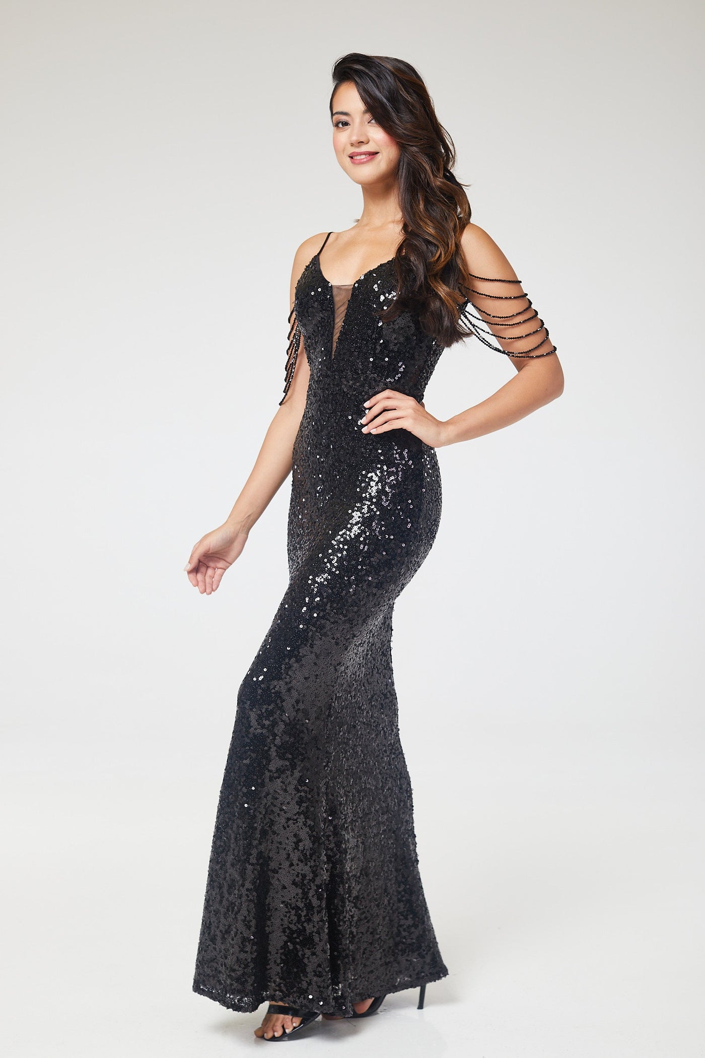 Black V-Neck Jewelled Shoulder Sequin Maxi Dress