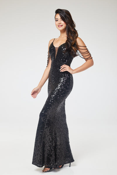 Black V-Neck Jewelled Shoulder Sequin Maxi Dress