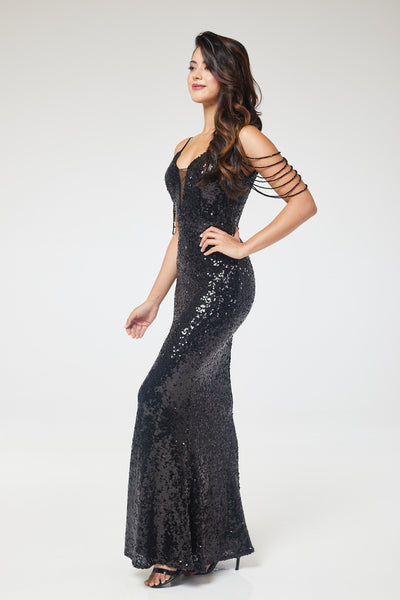 Black V-Neck Jewelled Shoulder Sequin Maxi Dress
