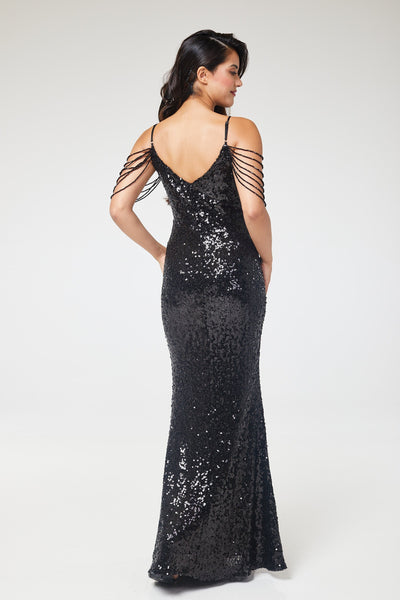Black V-Neck Jewelled Shoulder Sequin Maxi Dress