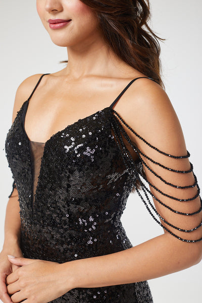 Black V-Neck Jewelled Shoulder Sequin Maxi Dress