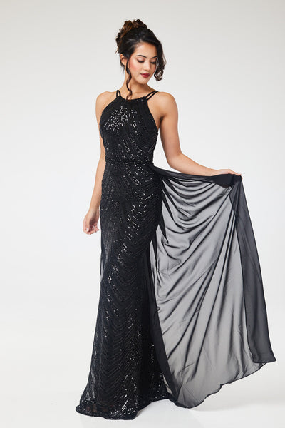 Black Halterneck Sequin Maxi Dress with Detachable Skirt