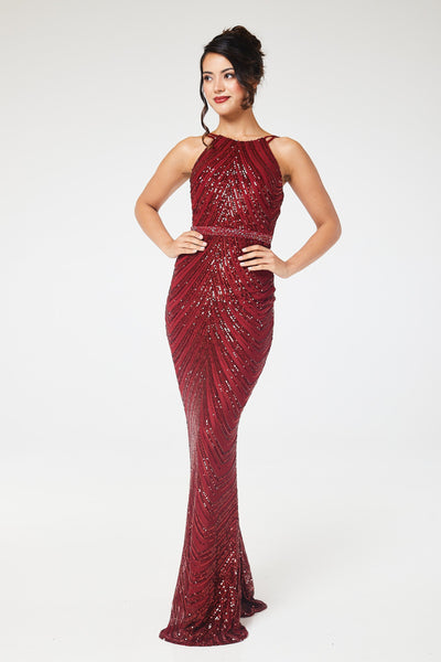 Wine Halterneck Sequin Maxi Dress with Detachable Skirt