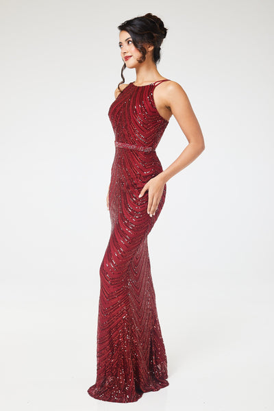 Wine Halterneck Sequin Maxi Dress with Detachable Skirt