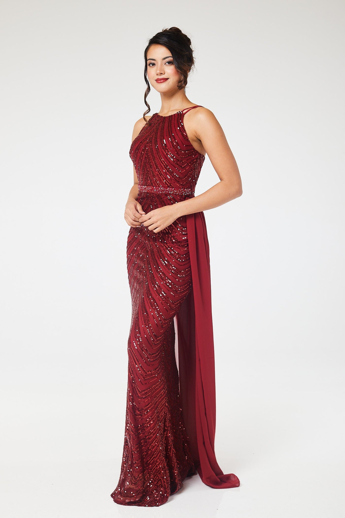 Wine Halterneck Sequin Maxi Dress with Detachable Skirt